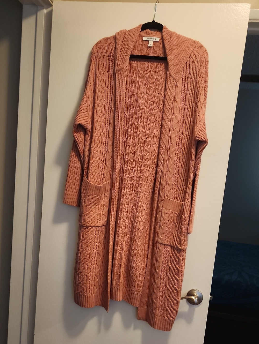 Peace Love World  Women's Long Cable Knit Cardigan - Salmon Pink